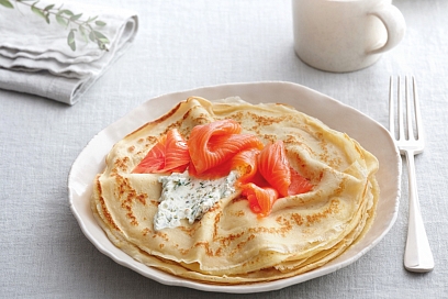 Pancakes with trout and tartare cream cheese
