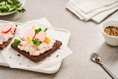 Smorrebrod with krill spread and pickled radish