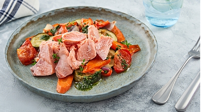 Hot smoked pink salmon with baked vegetables