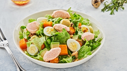 Salad with nutmeg pumpkin,avocado and caviar cream