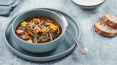 Soup with trout and seaweed