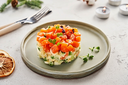 Olivie with salmon and homemade ginger mayonnaise