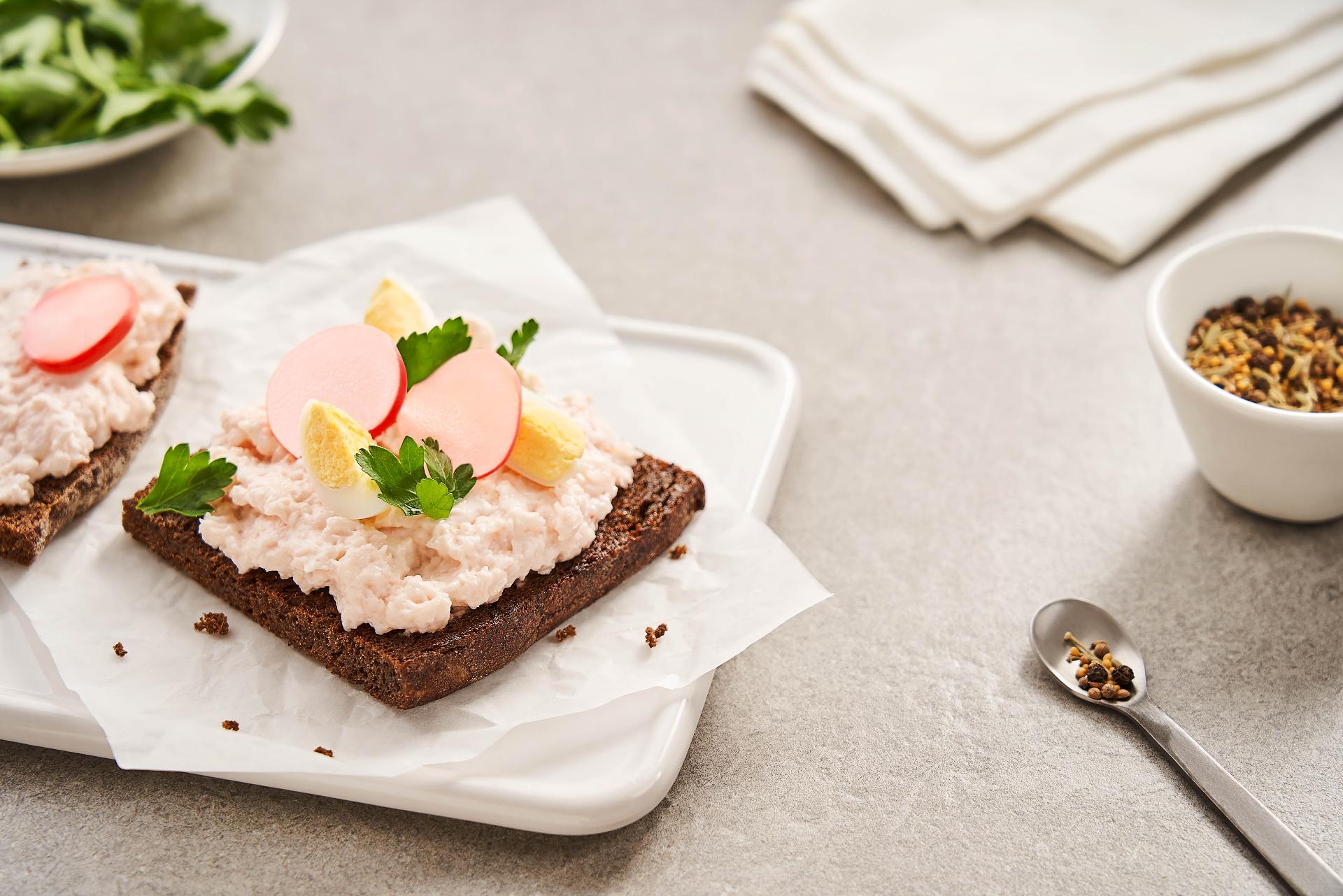 Smorrebrod with krill spread and pickled radish