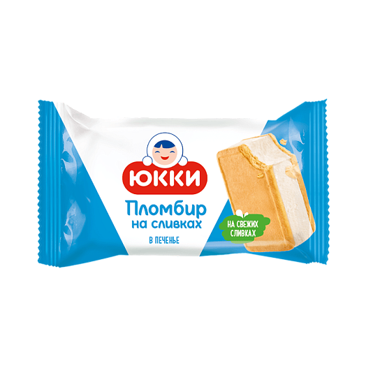 "YUKKI PLOMBIR ON DAIRY CREAM'' Plombir ice cream with milk flavour covered by sugar biscuits 80 g