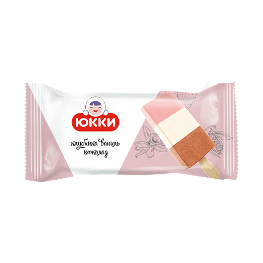 ''TRIO CHOCOLATE VANILLA STRAWBERRY'' Three-layered milk chocolate ice cream with vanilla and strawberry flavour 65 g